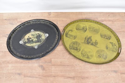 Lot 1458 - Two 19th century oval toleware trays, the first French, with roundels depicting historic events on green ground, 69cm diameter, the other with reserve of Chinese figures