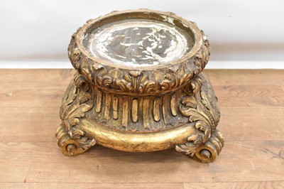 Lot 1496 - Good 19th century gilt pine urn stand, raised on acanthus carved scrolled feet, to hold an urn approximately 21cm diameter at the foot