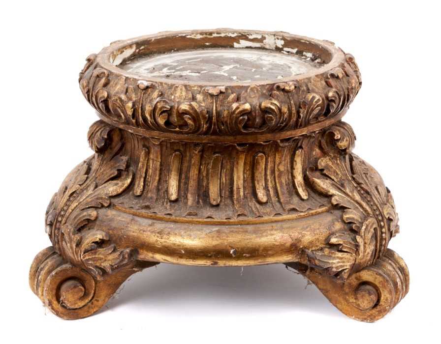 Lot 1496 - Good 19th century gilt pine urn stand, raised on acanthus carved scrolled feet, to hold an urn approximately 21cm diameter at the foot