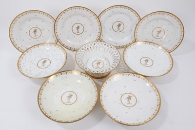 Lot 134 - A Sèvres gilt armorial dessert service, comprising four plates, four footed dishes and a pierced bowl, with printed, impressed and inscribed marks
