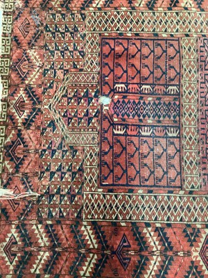 Lot 1507 - Tekke Turkoman rug, with single row of ten quartered medallions in multiple geometric borders, 162 x 85cm, together with another similar, 134 x 119cm
