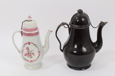Lot 137 - A pearlware coffee pot, polychrome painted with a floral pattern, and a Jackfield-type coffee pot (2)