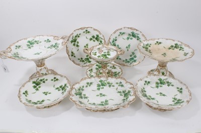 Lot 139 - 19th century English porcelain dinner service with ivy leaf decoration, comprising 18 plates, four oval footed dishes, three round footed dishes, a tureen and cover, two large footed dishes and a s...