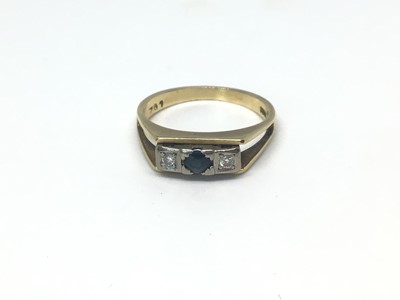 Lot 10 - 18ct gold sapphire and diamond three stone ring with open split shoulders, size N