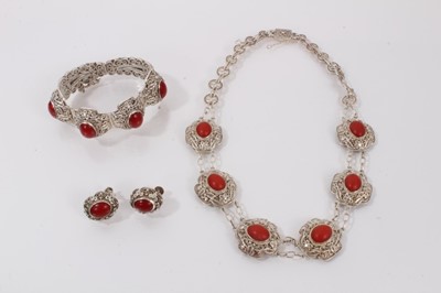 Lot 569 - Chinese filigree silver and coral necklace, bracelet and earring set, in case
