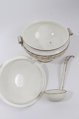 Lot 143 - A group of 19th century English ceramics, including a Sunderland lustre bowl, a pearlware dish with botanical specimen, Wedgwood tureen and serving dish, and a copper lustre vase (5)