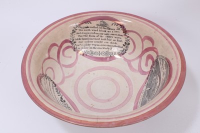 Lot 143 - A group of 19th century English ceramics, including a Sunderland lustre bowl, a pearlware dish with botanical specimen, Wedgwood tureen and serving dish, and a copper lustre vase (5)