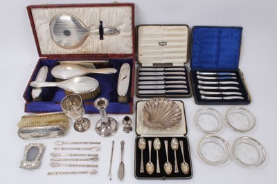 Lot 272 - 1930s silver dressing table set in box, lot cased silver flatware and sundry silver and white metal ware.