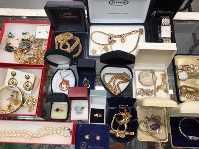 Lot 1039 - Costume jewellery including gilt necklaces, coin pendant on chain, cultured pearl necklaces, Pierre Cardin bi-metal quartz wristwatch in case and other watches