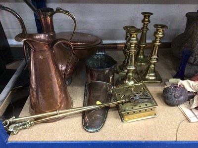 Lot 72 - Group of mostly 19th century copper and brass to include candlesticks, warming pan etc