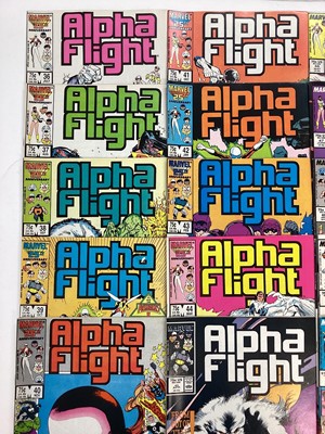 Lot 126 - Group of Marvel comics Alpha Flight (1983 to 1988) Issues 1 - 51 together with issues 58 and 59 and 1st annual. Mostly American prices. Approximately 54 comics.
