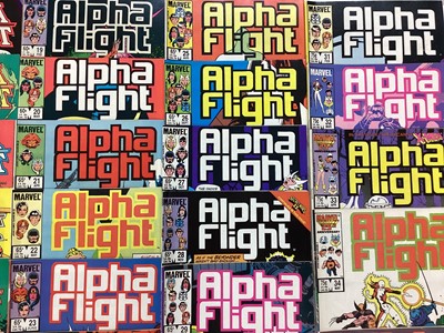 Lot 126 - Group of Marvel comics Alpha Flight (1983 to 1988) Issues 1 - 51 together with issues 58 and 59 and 1st annual. Mostly American prices. Approximately 54 comics.