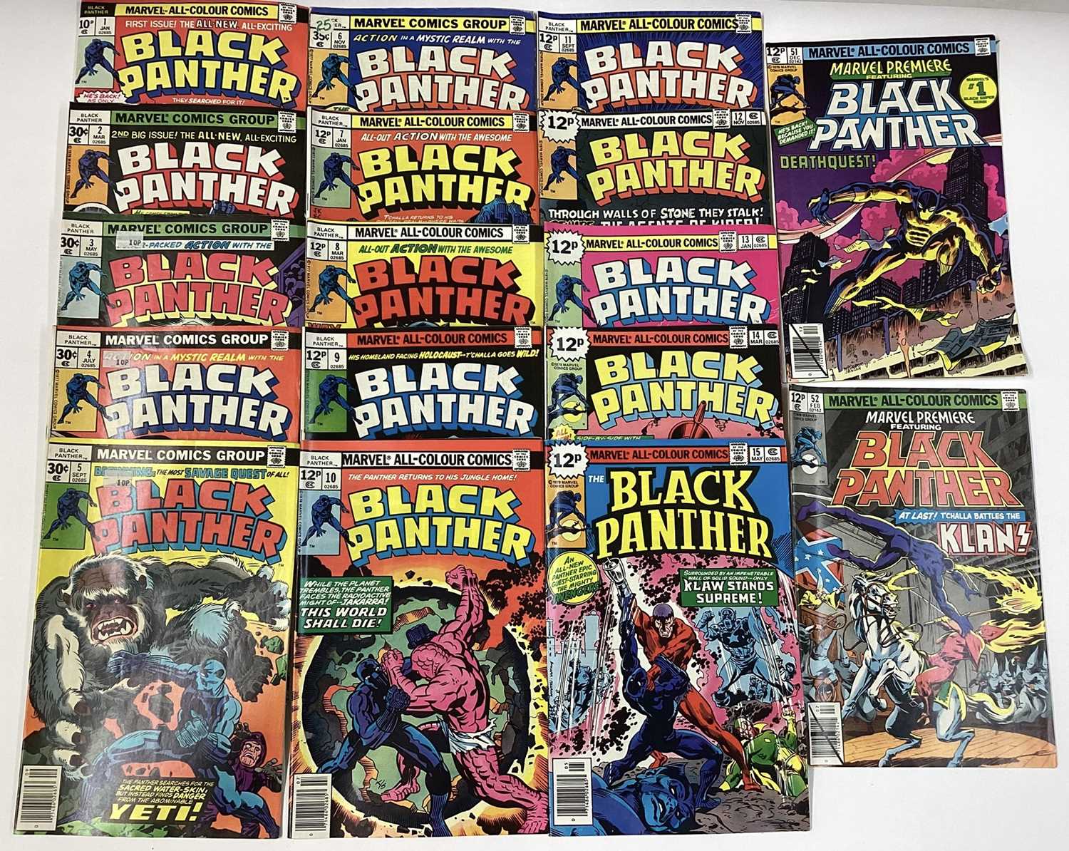 Lot 197 - Marvel comics Black Panther (1977 to 1979). Complete run from issue 1 - 15. Plus marvel premiere #51 and #52 featuring Black Panther. English and American price varients. (17)