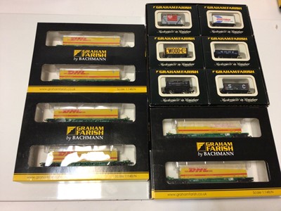 Lot 92 - Graham Farish N gauge rolling stock including Network Rail yellow coaches (5) and Freightliner Bogie Wagons with containers No.3605 (8),  DHL twin pack Intermodal Bogie Wagons 377-355 (3) and fifte...