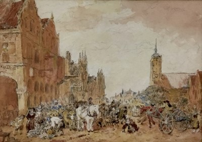 Lot 130 - After Van Ostade, mid 19th century, watercolour - Busy Market, Holland, 15cm x 20.5cm, in glazed gilt frame