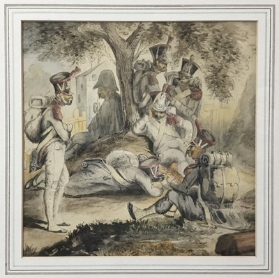 Lot 128 - English School, 19th century, watercolour - soldiers at rest beneath a tree, 21cm square