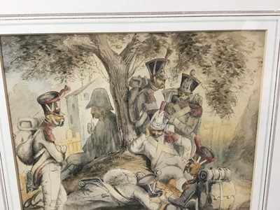 Lot 128 - English School, 19th century, watercolour - soldiers at rest beneath a tree, 21cm square