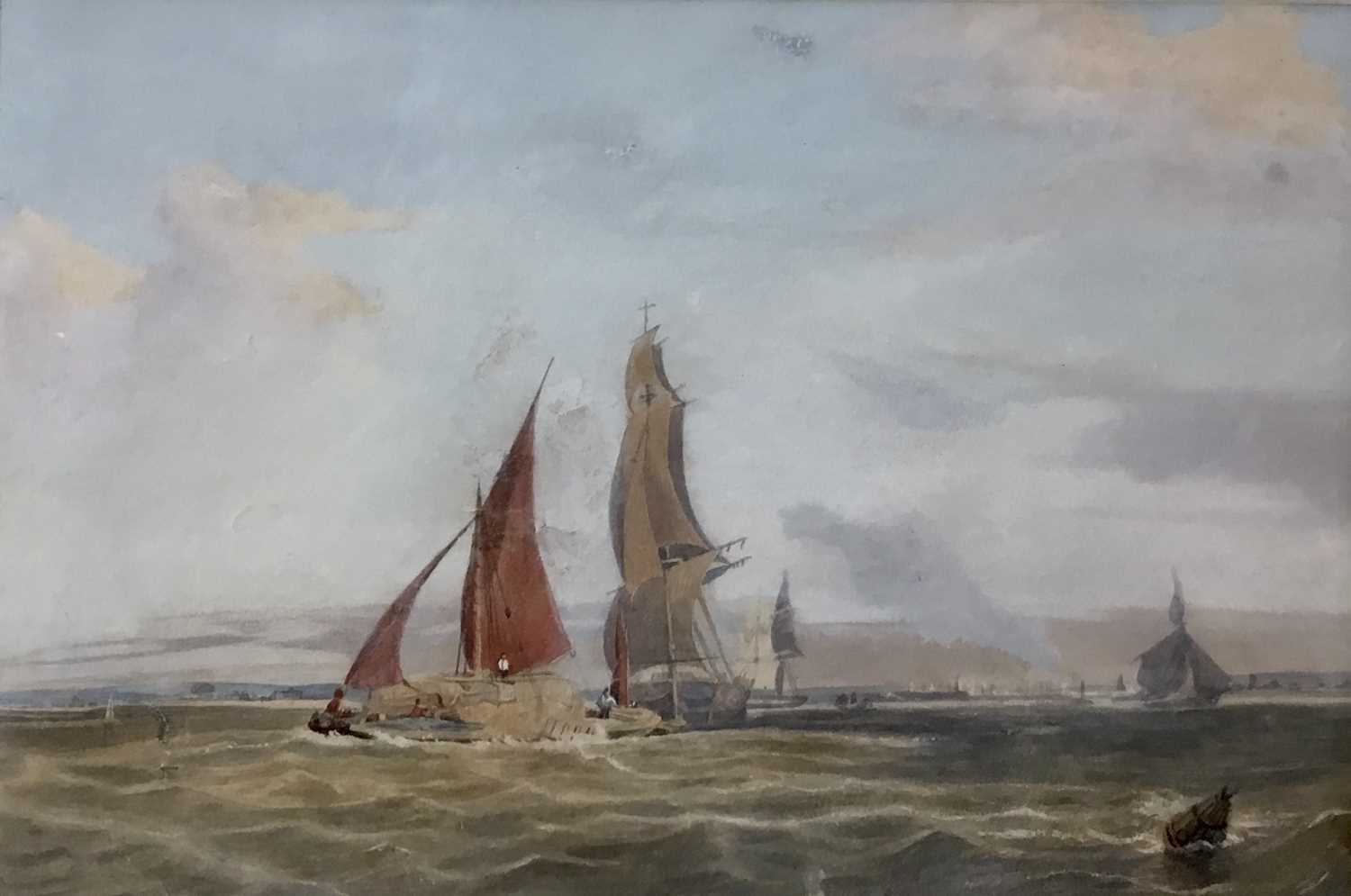 Lot 126 - English School, 19th century, watercolour barges off the coast, 20cm x 30cm, together with another watercolour depicting a steamship at sea, inscribed 'Avondale', 9.5cm x 17cm, both in glazed gilt...