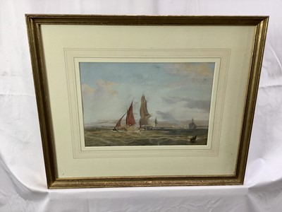 Lot 126 - English School, 19th century, watercolour barges off the coast, 20cm x 30cm, together with another watercolour depicting a steamship at sea, inscribed 'Avondale', 9.5cm x 17cm, both in glazed gilt...