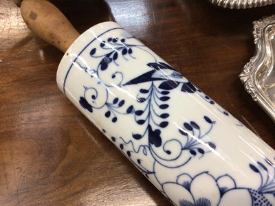 Lot 15 - A Meissen-style blue and white onion pattern rolling pin, together with a silver plated entree dish and other silver plate