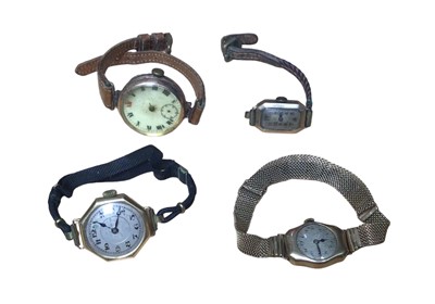 Lot 24 - 18ct gold octagonal cased watch on black cord strap, 9ct gold cased watch on 9ct gold mesh bracelet and two other 1930s 9ct gold cased wristwatches on leather straps (4)