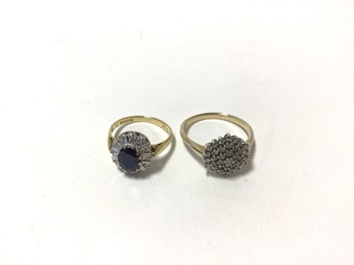 Lot 79 - Sapphire and diamond cluster ring in 18ct gold setting and a 9ct gold synthetic stone cluster ring (2)