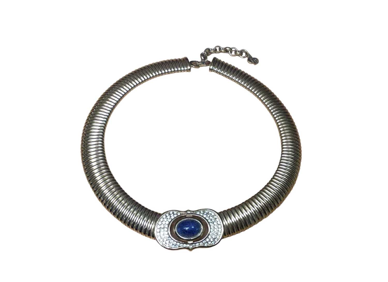 Lot 30 - Christian Dior vintage gilt metal necklace with a paste set plaque and central blue cabochon