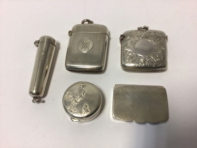 Lot 67 - Two silver vesta cases, a silver box, a silver cheroot holder, and an 800 silver box decorated with a cockerel and chick (5)