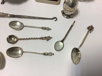 Lot 68 - Group of English and continental silver, including a Victorian salt, egg-shaped shaker, souvenir spoons, scent bottles, etc