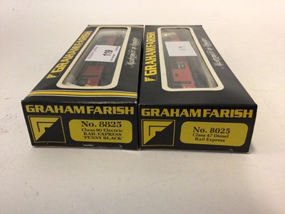 Lot 119 - Graham Farish N gauge Rail Express livery including Class 90 electric "Penny Black" 90 019, No. 8825 and Class 47 Diesel 47 594, No.8025, both boxed (2)