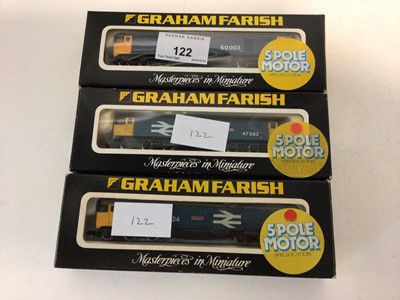 Lot 122 - Graham Farish N gauge Diesels BR blue Large Logo Class 50 "Temeraire" 50 003, "Vanguard" 50 024 and Class 47 "County of Hertfordshire" 47 583, all boxed (3)