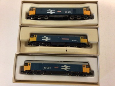 Lot 122 - Graham Farish N gauge Diesels BR blue Large Logo Class 50 "Temeraire" 50 003, "Vanguard" 50 024 and Class 47 "County of Hertfordshire" 47 583, all boxed (3)