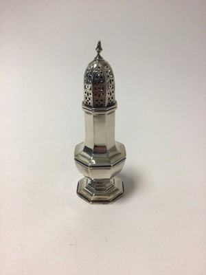 Lot 72 - Silver caster, of octagonal baluster form with pierced decoration