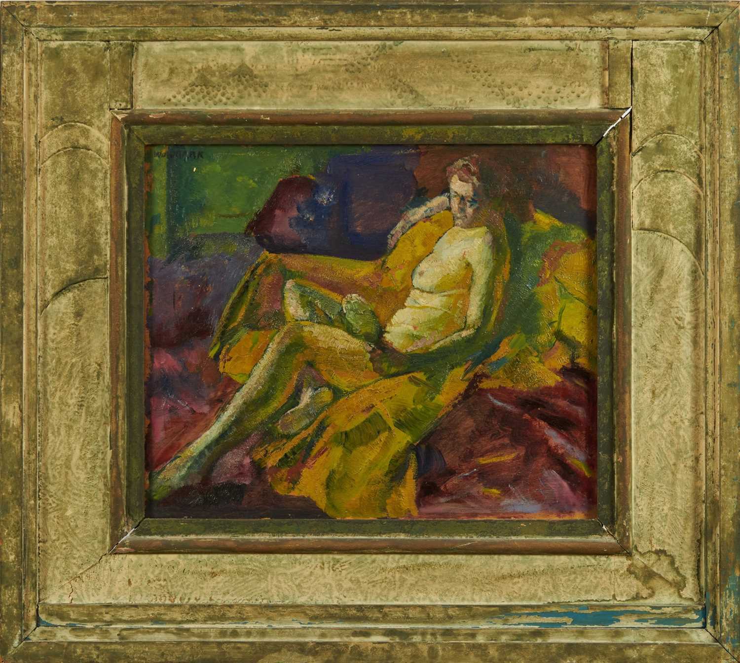 Lot 1254 - *Alfred Aaron Wolmark (1877-1961) oil on panel - Reclining Nude, signed, 38cm x 46cm, in original painted frame