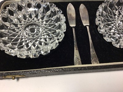 Lot 87 - A cased cut glass butter dish set with sterling silver knives, together with a silver cased pocket watch and a silver mounted crocodile-skin wallet