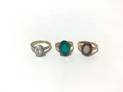 Lot 92 - 9ct gold opal and garnet cluster ring and two other 9ct gold dress rings