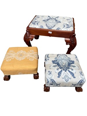 Lot 129 - Pair of low square stools on carved claw and ball feet, together with a larger Georgian style stool with drop-in seat