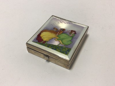 Lot 105 - Silver Art Deco travelling/desk clock, the top enamelled with a scene of three windswept women, with white guilloche surround, Birmingham 1932 (Rotherham & Sons), 8cm x 7cm