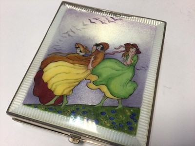 Lot 105 - Silver Art Deco travelling/desk clock, the top enamelled with a scene of three windswept women, with white guilloche surround, Birmingham 1932 (Rotherham & Sons), 8cm x 7cm