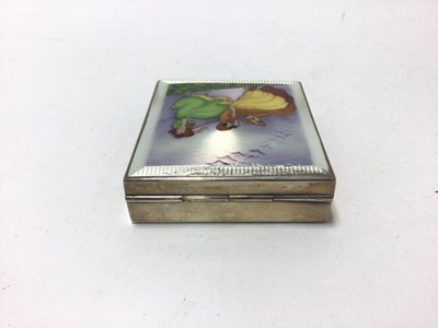 Lot 105 - Silver Art Deco travelling/desk clock, the top enamelled with a scene of three windswept women, with white guilloche surround, Birmingham 1932 (Rotherham & Sons), 8cm x 7cm