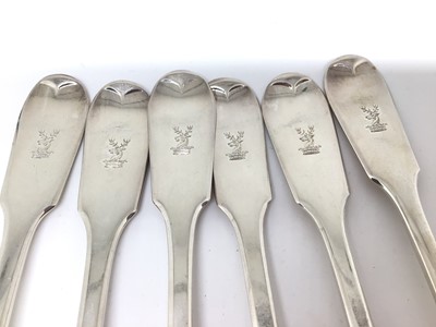 Lot 115 - Set of six Victorian silver fiddle pattern forks engraved with Ducal crowns, 17cm long, London 1848 (J&A Savory), 10.2oz