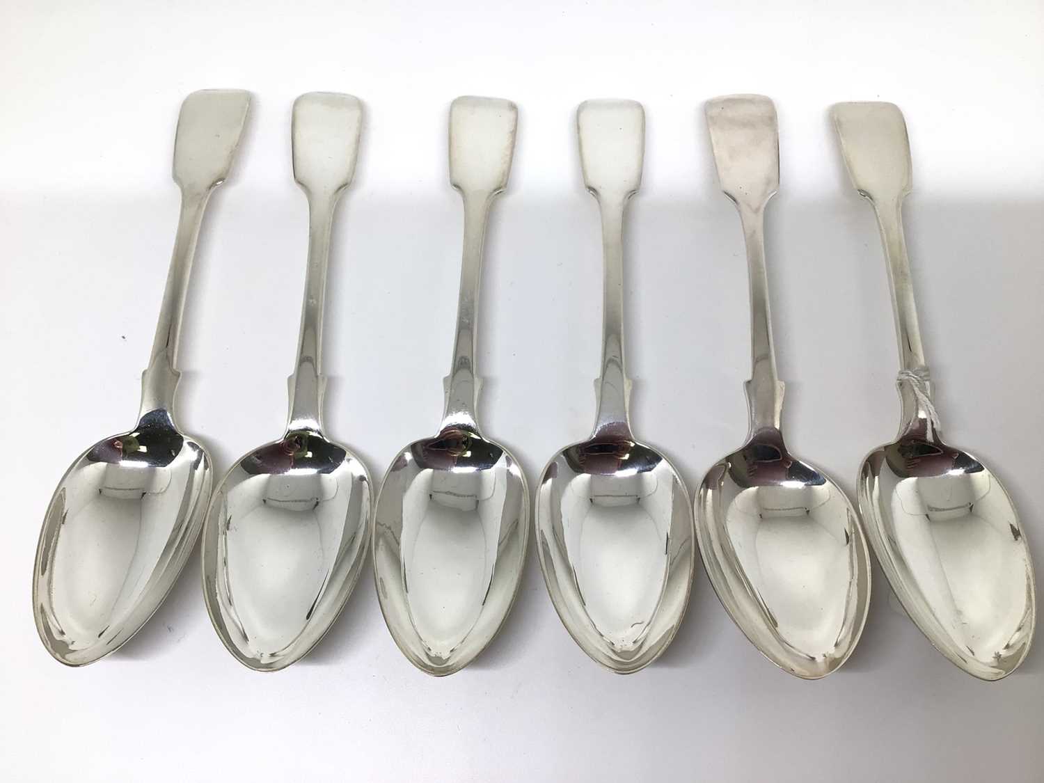 Lot 116 - Set of six Victorian silver fiddle pattern spoons, 18cm long, London 1851 and one 1845 (Charles Lias), 10.1oz