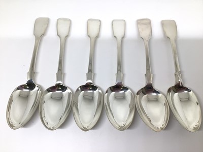 Lot 116 - Set of six Victorian silver fiddle pattern spoons, 18cm long, London 1851 and one 1845 (Charles Lias), 10.1oz