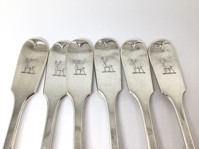 Lot 117 - Set of six Victorian silver fiddle pattern forks, engraved with stags, 17.5cm long, London 1859 (Elizabeth & John Eaton), 11.9oz