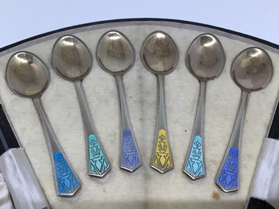 Lot 120 - Cased set of six silver gilt enamelled teaspoons, Birmingham 1937