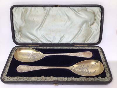 Lot 121 - Cased pair of Victorian silver spoons with fine engraved floral decoration and gilt bowls, 21cm long, Sheffield 1882 (Atkin Brothers), 4.6oz