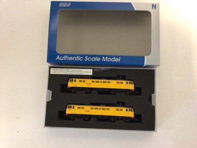 Lot 144 - Dapol N gauge Network Rail yellow Class 86 Twin Pack, ND-147 and four JNA Falcon Network Rail Wagons, NO.s 2F-010-005/6/7/8, all boxed (5)