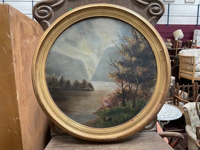 Lot 227 - Oil on board study of a lake, tondo, in gilt frame