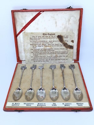Lot 125 - George VI set of six cased silver teaspoons with famous English building finials, London 1937 (Saunders, Shepherd & Co Ltd)