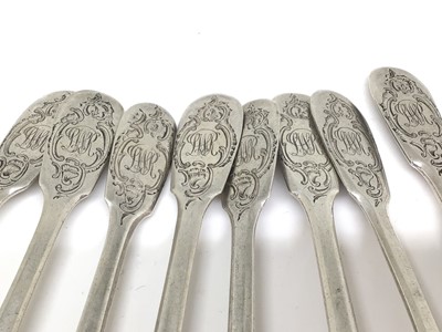 Lot 131 - Imperial Russian set of eight engraved silver spoons, Moscow 1894-1908 (Matryena Andreyevna), 4.4oz